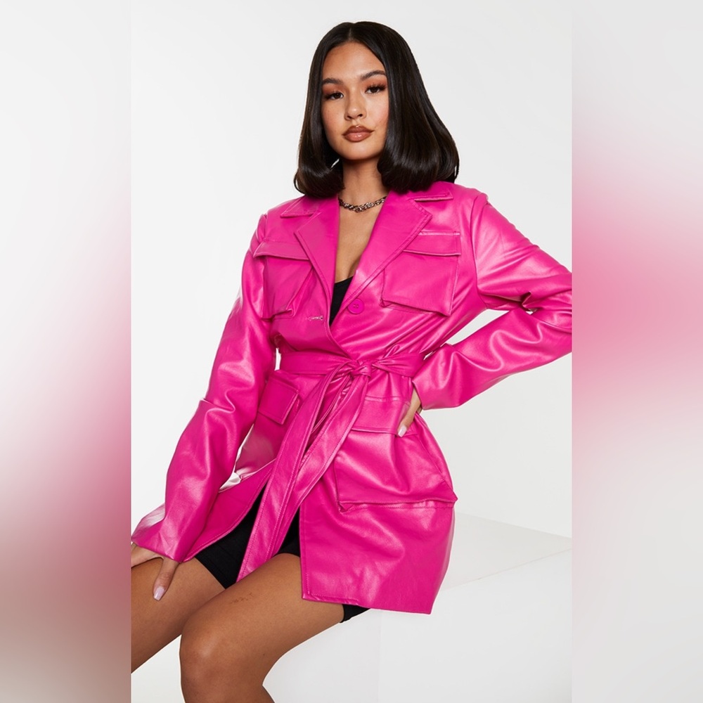 Hot Pink PU Longline Pocket Front Jacket